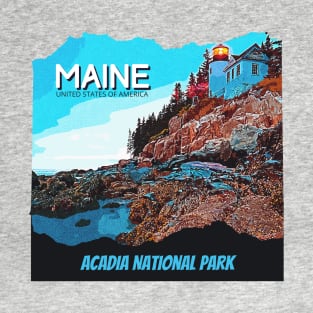 Acadia National Park, Maine - for adventure lover, camping, hiking, outdoor, lighthouse, mountain, waterfall, road trip, Retro vintage comic style design T-Shirt